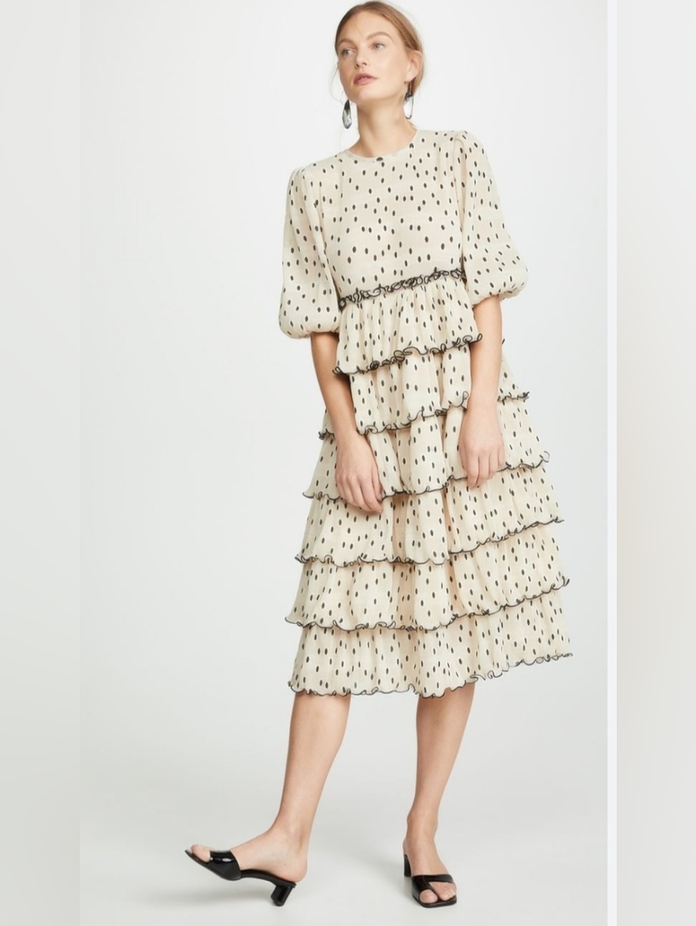 Ganni Lowell Tiered Pleated Polka Dot Dress, Beige